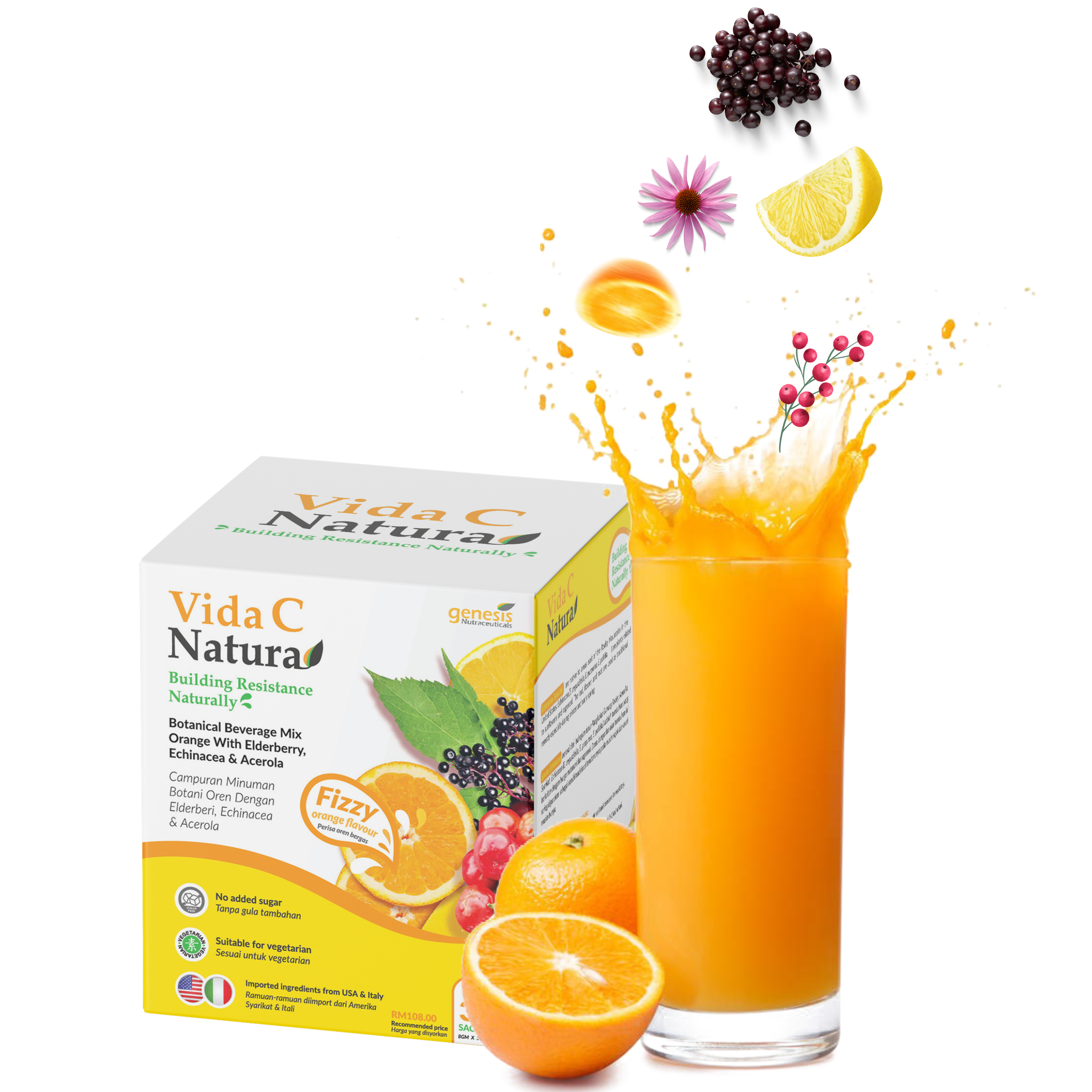 A glass of vitamin c juice with orange, elderberry, echinacea provides daily immune support.