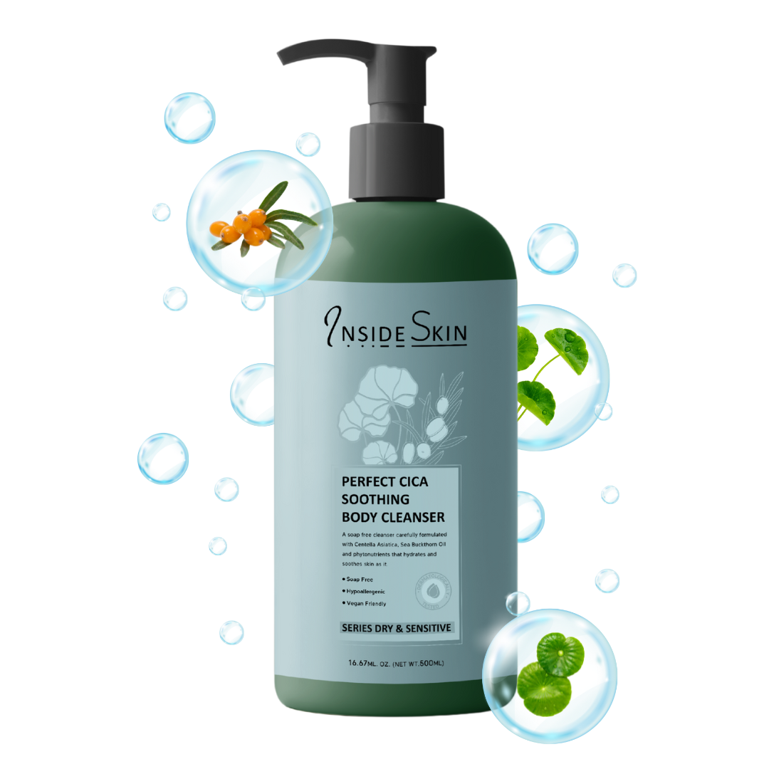 INSIDE SKIN Perfect CICA Soothing Body Cleanser is a soap-free cleanser that hydrates and soothes skin as it cleans.