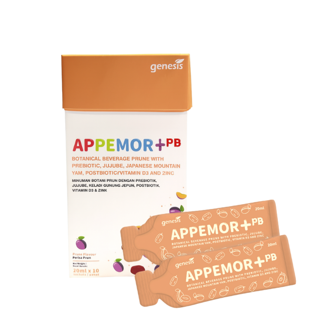 Appemor natural kids' appetite booster with prebiotics, postbiotics, zinc, and vitamin D3 in a colorful child-friendly packaging.