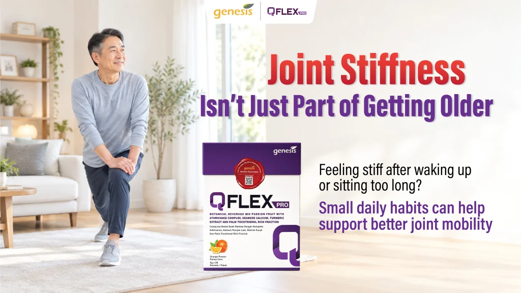 An older man stretching his leg in a bright living room alongside a QFLEX Pro botanical beverage mix product. The promotional image highlights joint stiffness, healthy aging, and daily habits to support better joint mobility.