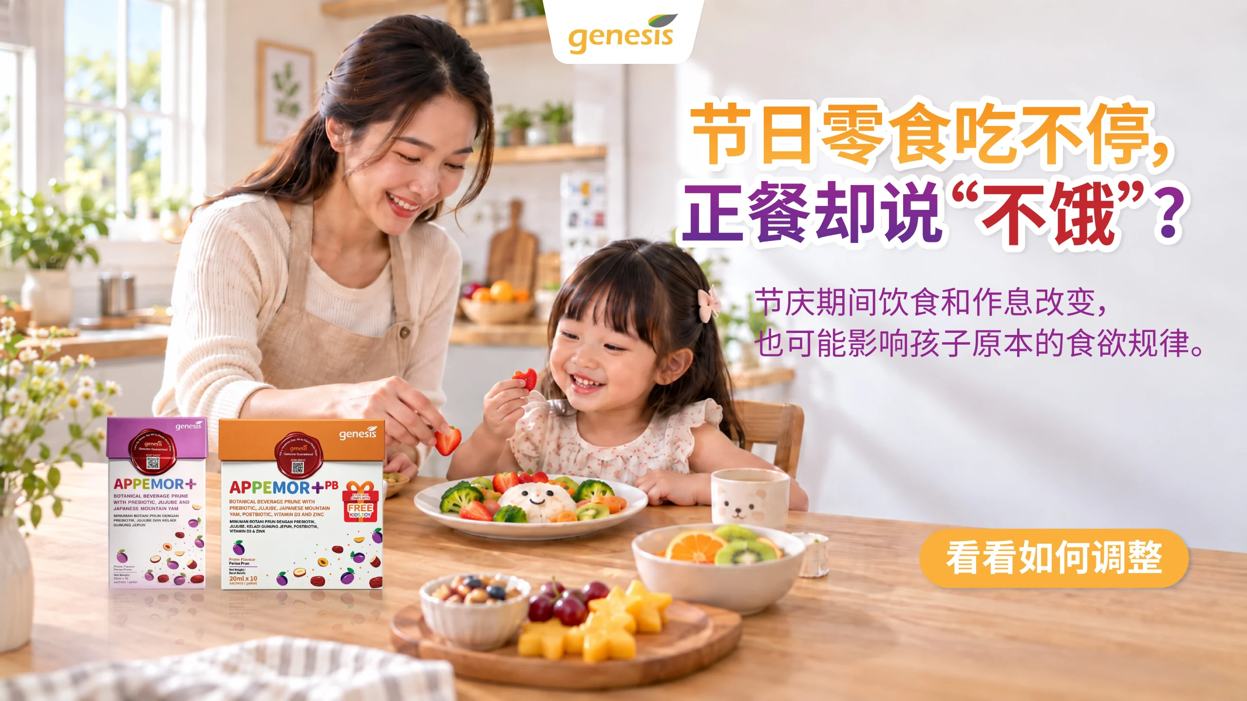 A mother and her young daughter enjoy preparing a colourful, healthy meal together in a bright kitchen. Genesis APPEMOR+ and APPEMOR+PB products are displayed alongside fresh fruits and vegetables. The promotional banner highlights festive treats, children’s appetites, and the impact of snacking on dinner-time hunger.