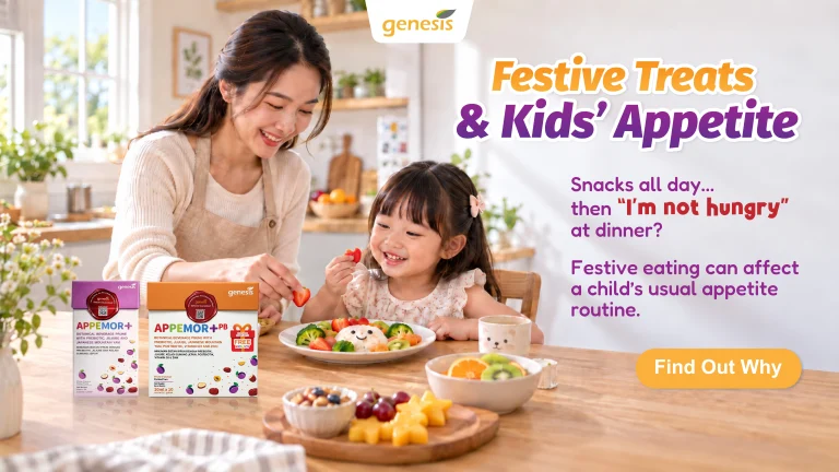 A mother and her young daughter enjoy preparing a colourful, healthy meal together in a bright kitchen. Genesis APPEMOR+ and APPEMOR+PB products are displayed alongside fresh fruits and vegetables. The promotional banner highlights festive treats, children’s appetites, and the impact of snacking on dinner-time hunger.