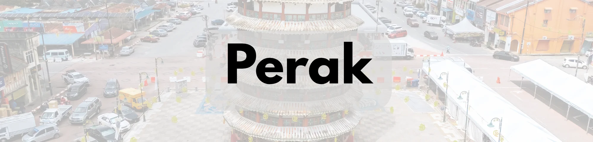 Aerial view of Perak, Malaysia, featuring a traditional multi-tiered pavilion surrounded by busy streets, vehicles, and colourful shop buildings, with the word “Perak” prominently displayed.