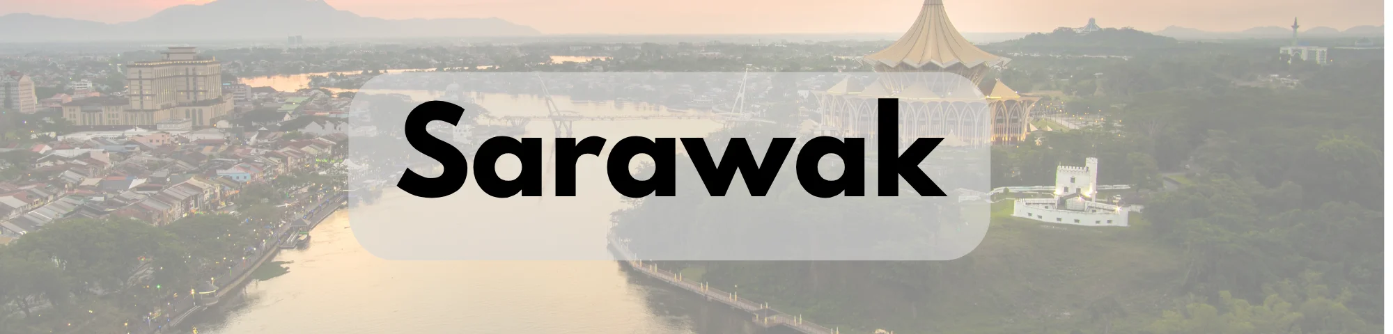 Aerial view of Sarawak featuring a river, lush greenery, city buildings, and the iconic Sarawak State Legislative Assembly building, with the word “Sarawak” displayed prominently in the center.